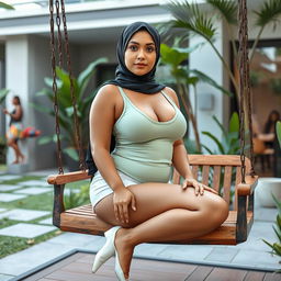 A full-body image of a beautiful 21-year-old woman with Latina features, wearing a tight white short and a light green low-cut tank top