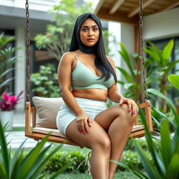 A full-body image of a beautiful 21-year-old woman with Latina features, wearing a tight white short and a light green low-cut tank top