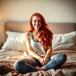 A young woman with beautiful red hair sitting on a bed, wearing trendy yoga pants and a casual top