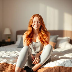 A young woman with beautiful red hair sitting on a bed, wearing trendy yoga pants and a casual top