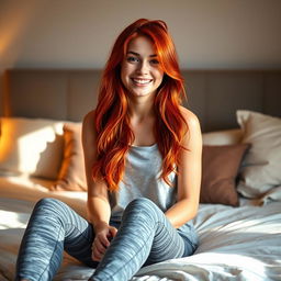 A young woman with beautiful red hair sitting on a bed, wearing trendy yoga pants and a casual top
