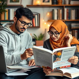 A charming scene featuring a male writer named Neyaz Nabihan in a trendy hoodie, focused on his writing process