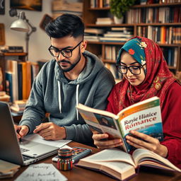 A charming scene featuring a male writer named Neyaz Nabihan in a trendy hoodie, focused on his writing process