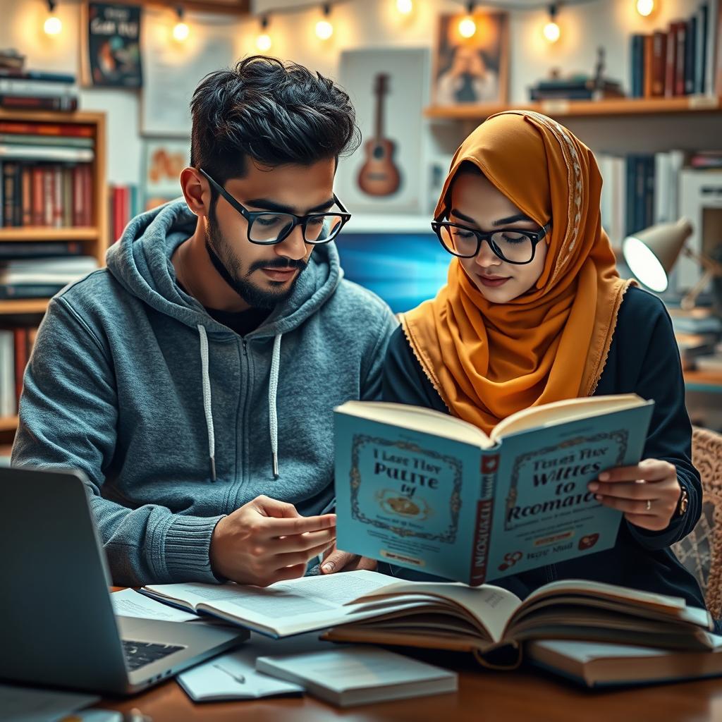 A charming scene featuring a male writer named Neyaz Nabihan in a trendy hoodie, focused on his writing process