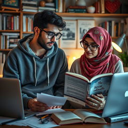 A charming scene featuring a male writer named Neyaz Nabihan in a trendy hoodie, focused on his writing process