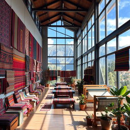 A spacious interior view of an Andean textile center, featuring large windows that create a strong connection with the outdoors