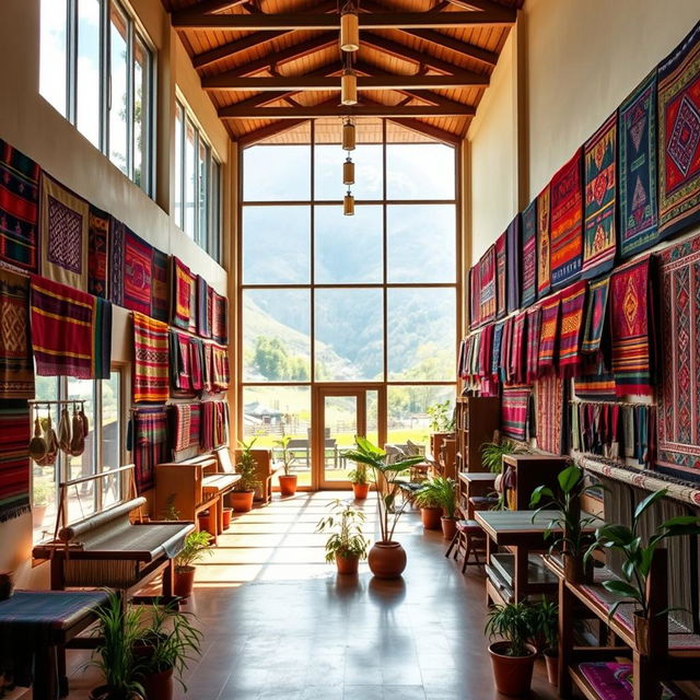 A spacious interior view of an Andean textile center, featuring large windows that create a strong connection with the outdoors