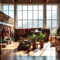 A spacious interior view of an Andean textile center, featuring large windows that create a strong connection with the outdoors