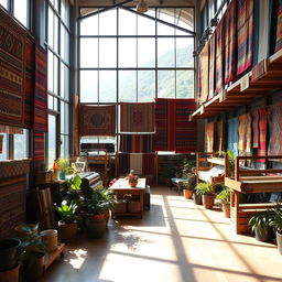 A spacious interior view of an Andean textile center, featuring large windows that create a strong connection with the outdoors