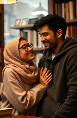 A romantic scene featuring a young male writer named Neyaz Nabihan wearing a hoodie, with a young female character in glasses who is wearing a hijab