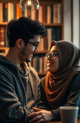 A romantic scene featuring a young male writer named Neyaz Nabihan wearing a hoodie, with a young female character in glasses who is wearing a hijab