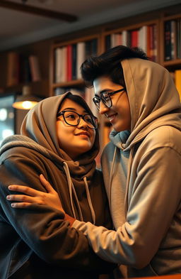 A romantic scene featuring a young male writer named Neyaz Nabihan wearing a hoodie, with a young female character in glasses who is wearing a hijab