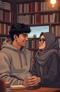 A romantic scene featuring a young male writer named Neyaz Nabihan wearing a hoodie, with a young female character in glasses who is wearing a hijab