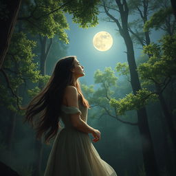 A woman gazing at the moon in a serene, realistic forest setting