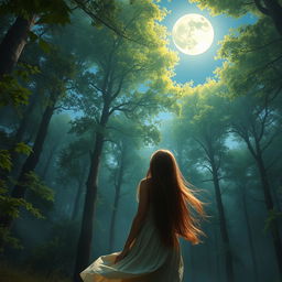 A woman gazing at the moon in a serene, realistic forest setting