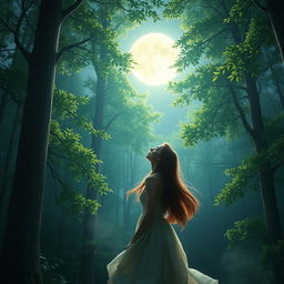 A woman gazing at the moon in a serene, realistic forest setting
