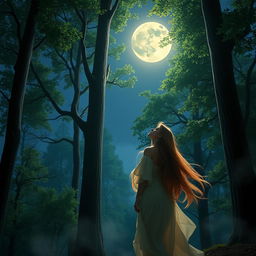 A woman gazing at the moon in a serene, realistic forest setting