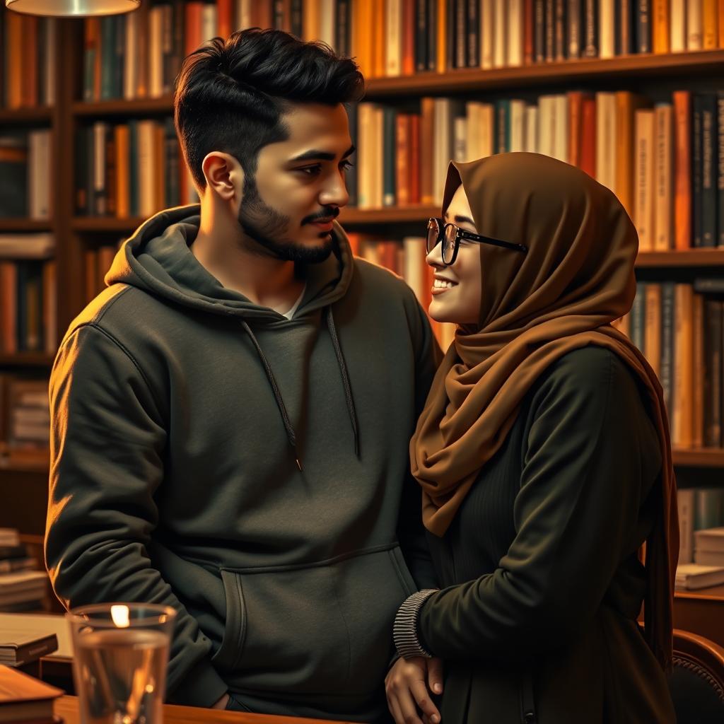 A romantic scene featuring a male writer named Neyaz Nabihan wearing a stylish hoodie, alongside a female character in glasses who is elegantly wearing a hijab