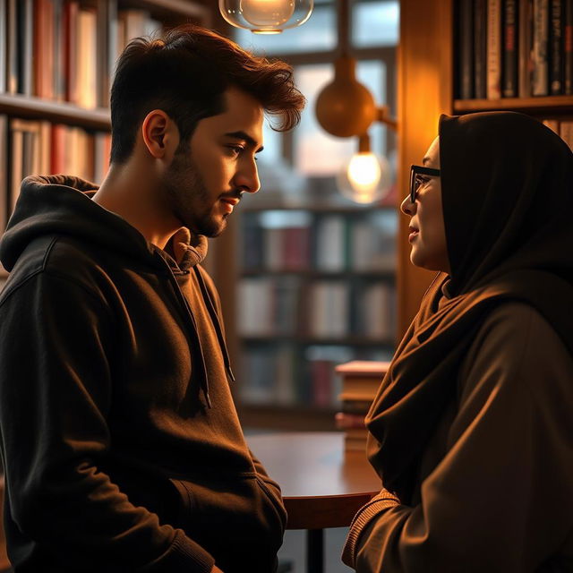 A romantic scene featuring a male writer named Neyaz Nabihan wearing a stylish hoodie, alongside a female character in glasses who is elegantly wearing a hijab