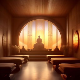 A serene and peaceful setting with a spiritual ambiance. It is filled with soft ambient lighting, spiritual symbols, and an all-encompassing peaceful aura.