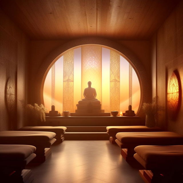 A serene and peaceful setting with a spiritual ambiance. It is filled with soft ambient lighting, spiritual symbols, and an all-encompassing peaceful aura.