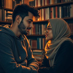 A romantic scene featuring a male writer named Neyaz Nabihan wearing a stylish hoodie, alongside a female character in glasses who is elegantly wearing a hijab