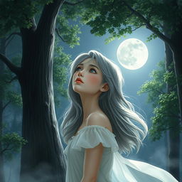 A young woman with gray hair gazing at the moon in a serene, realistic forest setting