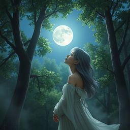 A young woman with gray hair gazing at the moon in a serene, realistic forest setting