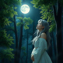 A young woman with gray hair gazing at the moon in a serene, realistic forest setting