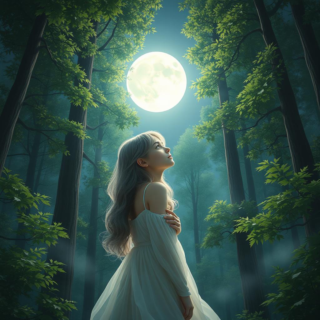 A young woman with gray hair gazing at the moon in a serene, realistic forest setting