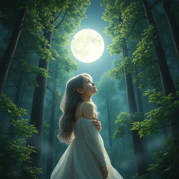 A young woman with gray hair gazing at the moon in a serene, realistic forest setting