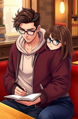 A stylish male writer wearing a trendy hoodie, alongside a female character wearing fashionable glasses