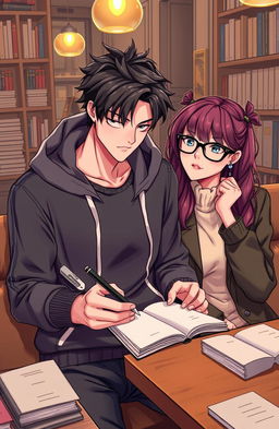 A stylish male writer wearing a trendy hoodie, alongside a female character wearing fashionable glasses