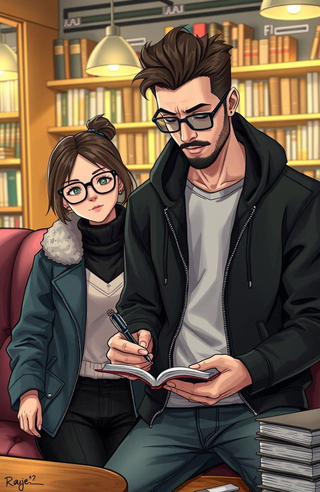 A stylish male writer wearing a trendy hoodie, alongside a female character wearing fashionable glasses