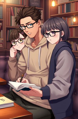 A stylish male writer wearing a trendy hoodie, alongside a female character wearing fashionable glasses