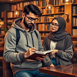 A stylish male writer wearing a trendy hoodie, paired with a female character in fashionable glasses and a hijab