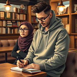 A stylish male writer wearing a trendy hoodie, paired with a female character in fashionable glasses and a hijab