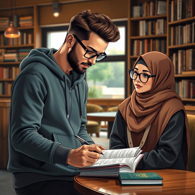 A stylish male writer wearing a trendy hoodie, paired with a female character in fashionable glasses and a hijab