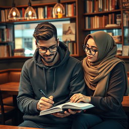 A stylish male writer wearing a trendy hoodie, paired with a female character in fashionable glasses and a hijab