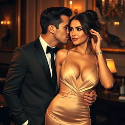 A 20-year-old woman dressed in a sensual, elegant outfit featuring a deep neckline that highlights her curves, standing close to a 40-year-old man in a suave, tailored suit