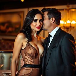 A 20-year-old woman dressed in a sensual, elegant outfit featuring a deep neckline that highlights her curves, standing close to a 40-year-old man in a suave, tailored suit