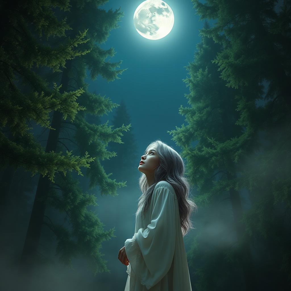 A young woman with gray hair standing under a luminous full moon in a realistic forest setting