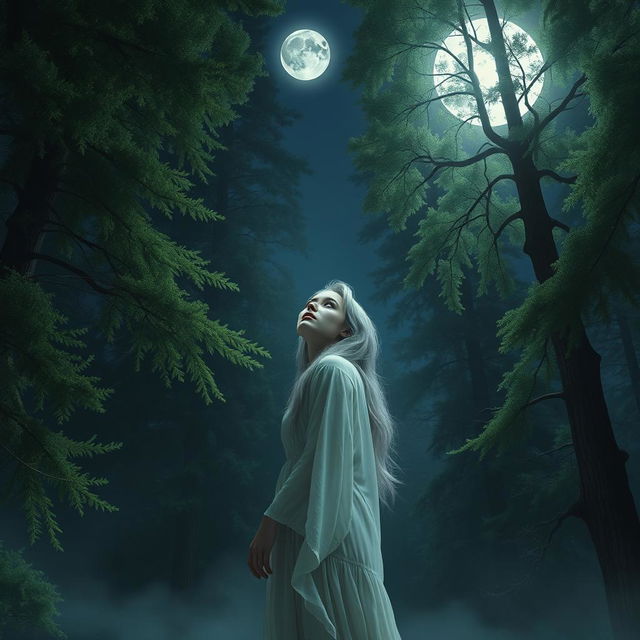 A young woman with gray hair standing under a luminous full moon in a realistic forest setting