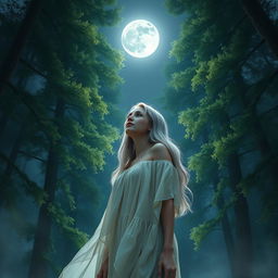 A young woman with gray hair standing under a luminous full moon in a realistic forest setting