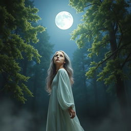 A young woman with gray hair standing under a luminous full moon in a realistic forest setting