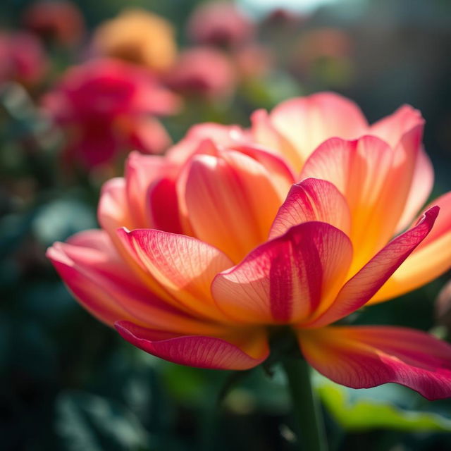 An artistic close-up of a beautiful, vibrant, blooming flower, showcasing intricate details of the petals with a focus on the colors and textures that mimic a sense of softness and allure