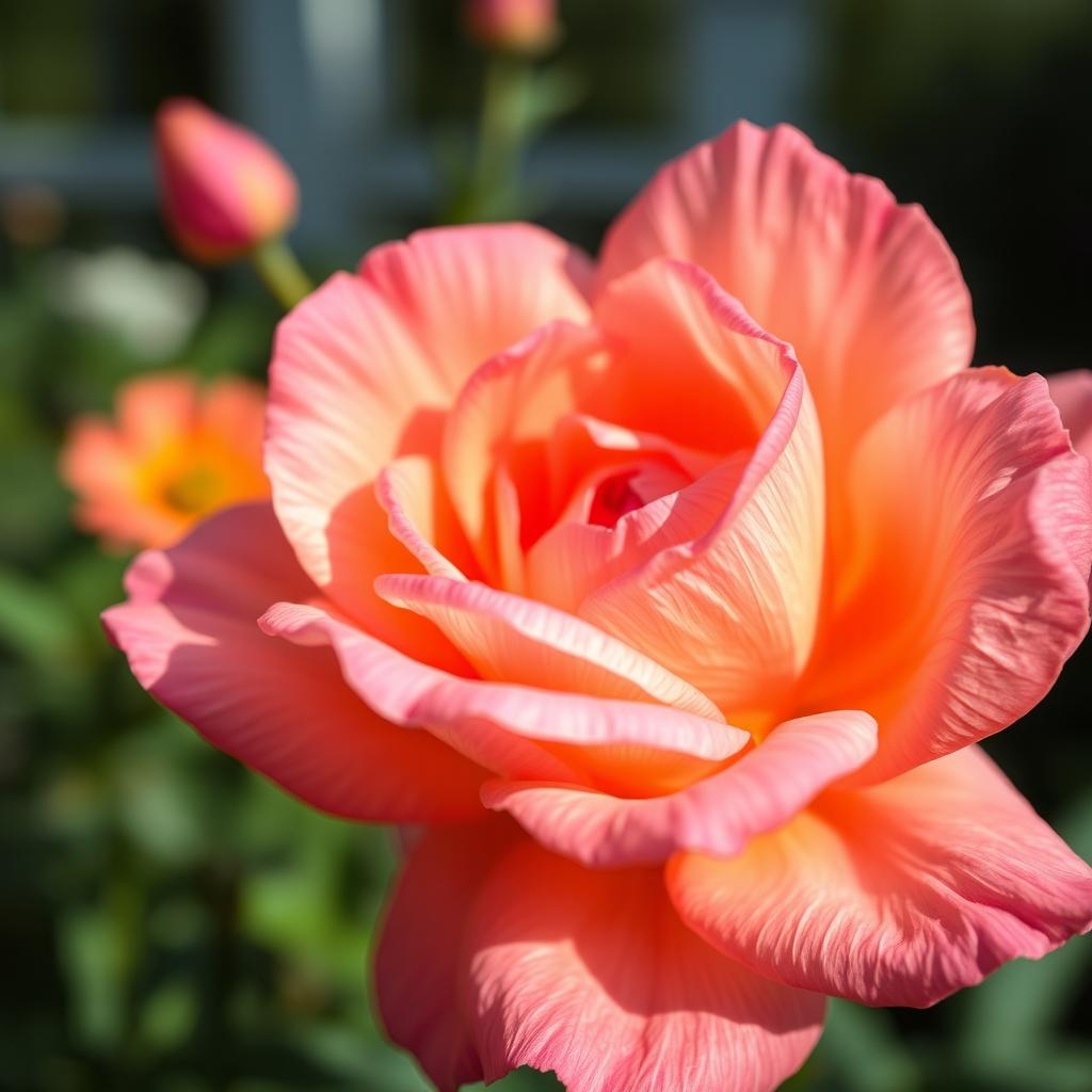 An artistic close-up of a beautiful, vibrant, blooming flower, showcasing intricate details of the petals with a focus on the colors and textures that mimic a sense of softness and allure