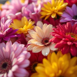 A close-up view of a beautiful and colorful array of flowers, with a soft focus on the petals and a gentle blur in the background