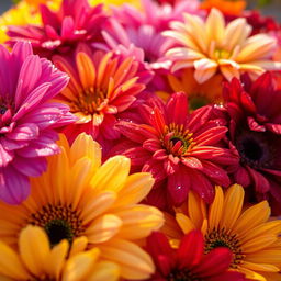 A close-up view of a beautiful and colorful array of flowers, with a soft focus on the petals and a gentle blur in the background
