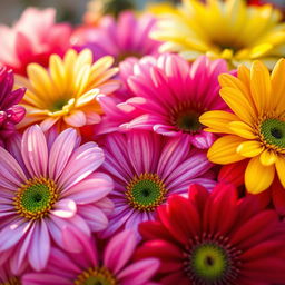 A close-up view of a beautiful and colorful array of flowers, with a soft focus on the petals and a gentle blur in the background